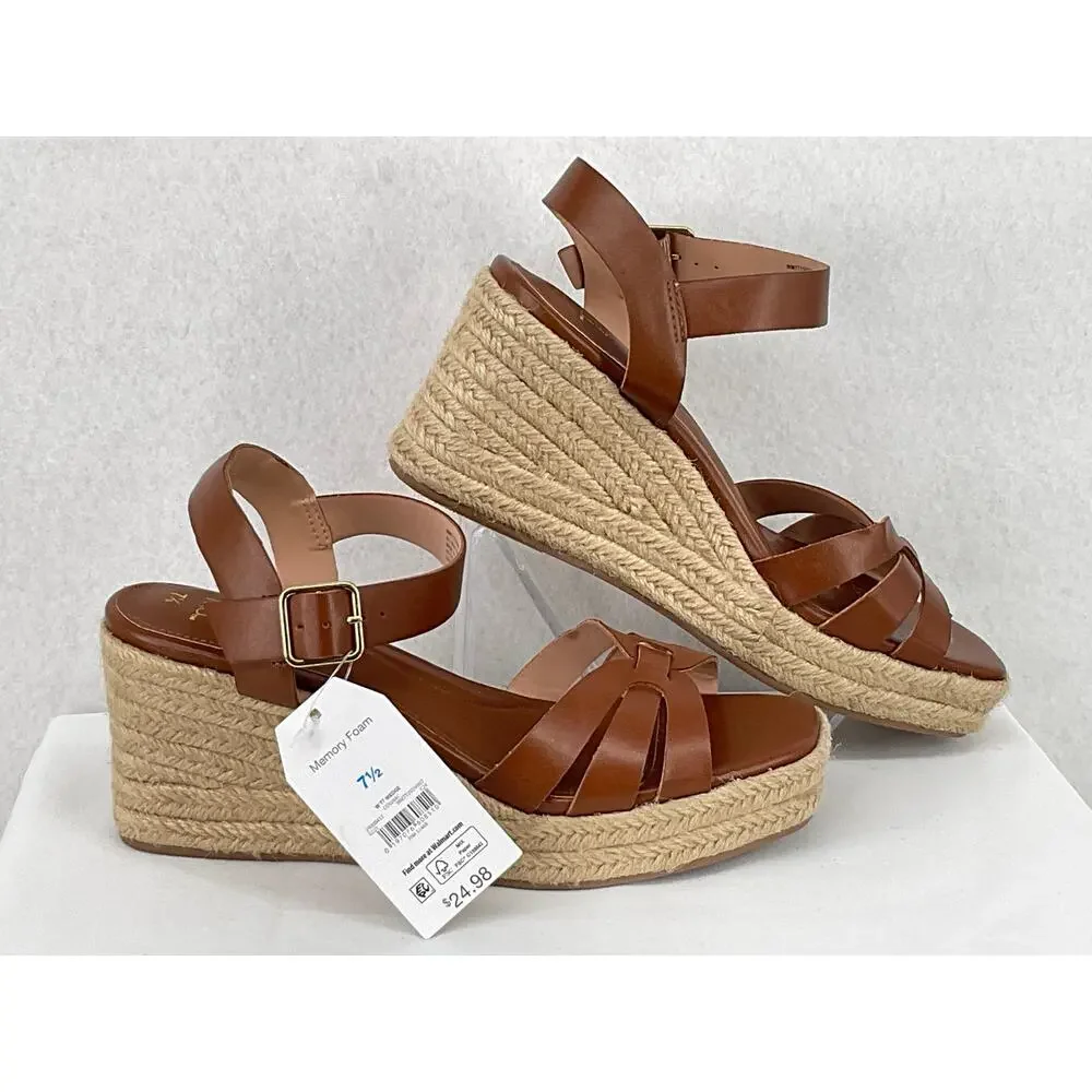 Time and Tru Cognac Espadrilles Ankle Strap Memory Foam Wedges NWT 7.5 - Picture 3 of 10